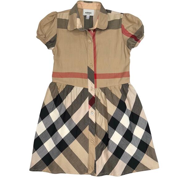 Burberry Children Girls Classic Check Short Puff Sleeve Button Front Dress 6-7Y - Picture 2 of 14